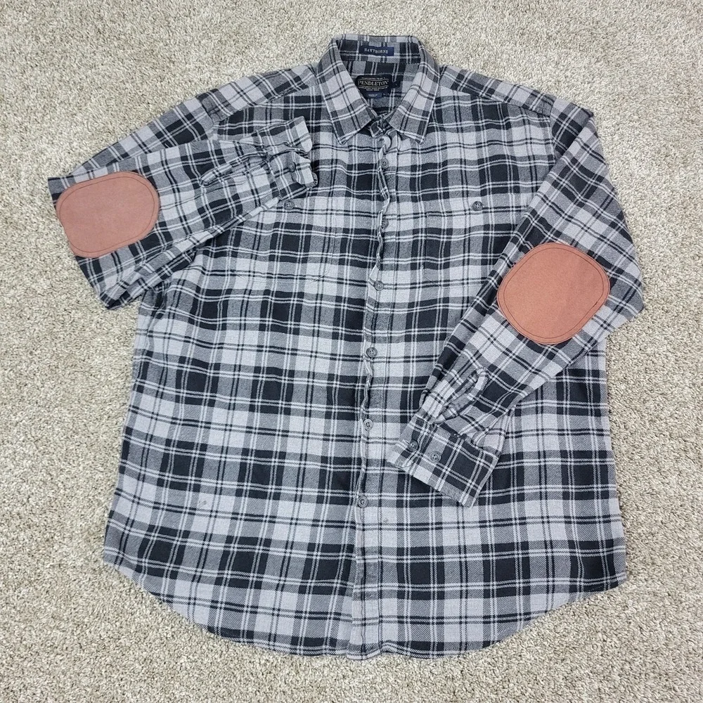 Pendleton Hawthorne Mens Large‎ Black Gray Plaid Button Up Long Sleeve Flannel